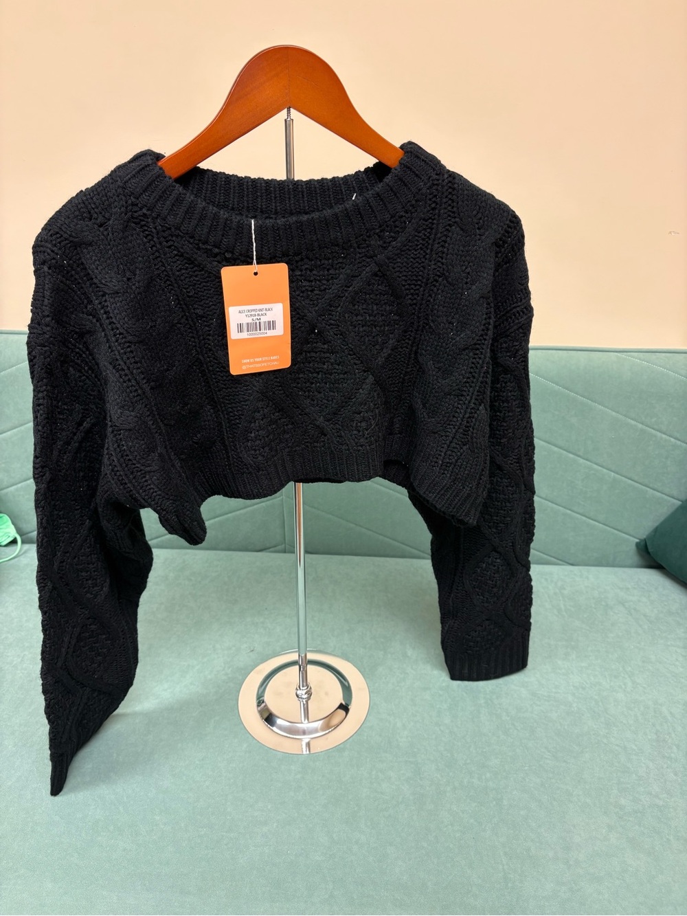 Cropped Black Cable-Knit Crewneck Sweater